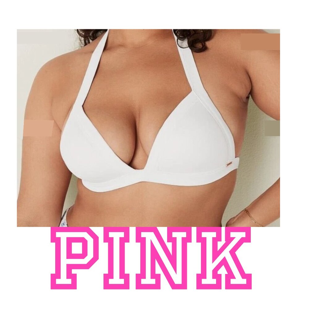 VIctoria's Secret PINK White Push Up Halter Triangle Bathing Suit Bikini Top NWT